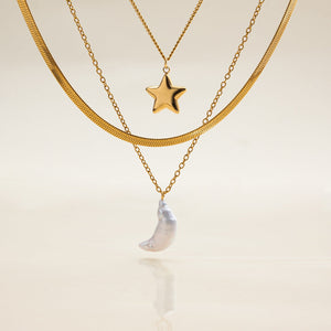 Layered Gold Necklace with Sun and Moon Charms, Waterproof Hypoallergenic Jewelry for Women