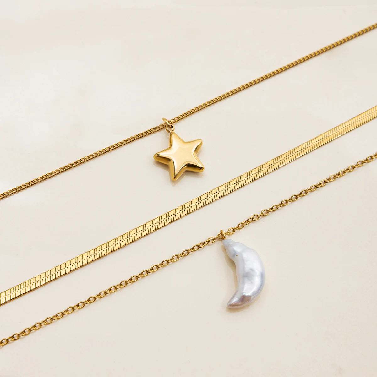 Layered Gold Necklace with Sun and Moon Charms, Waterproof Hypoallergenic Jewelry for Women