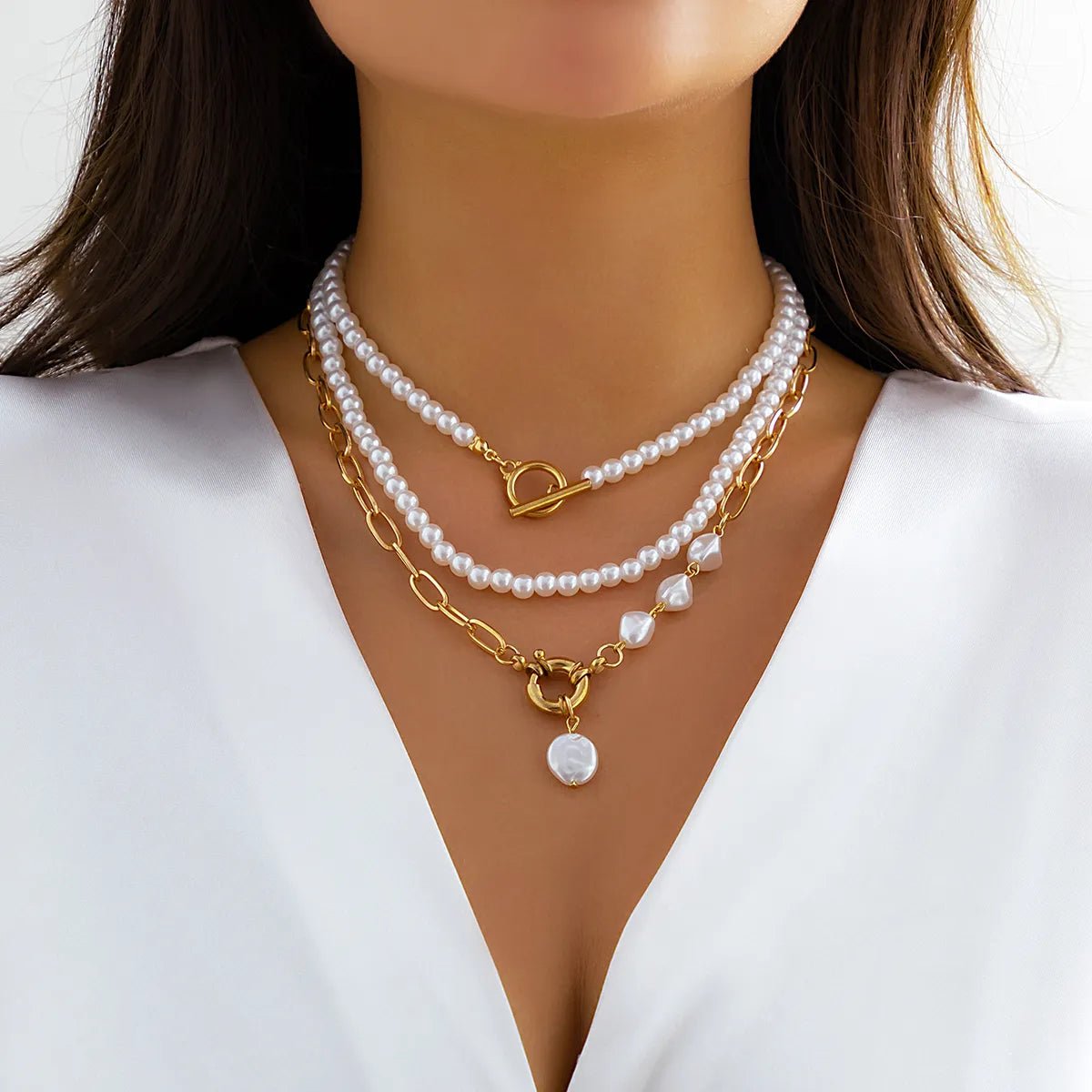 Layered Pearl Necklace Set for Women – Adjustable Lengths, Elegant Beaded Design, Stainless Steel Accents