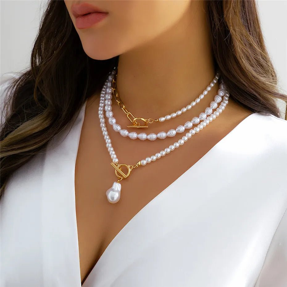 Layered Pearl Necklace Set for Women – Adjustable Lengths, Elegant Beaded Design, Stainless Steel Accents