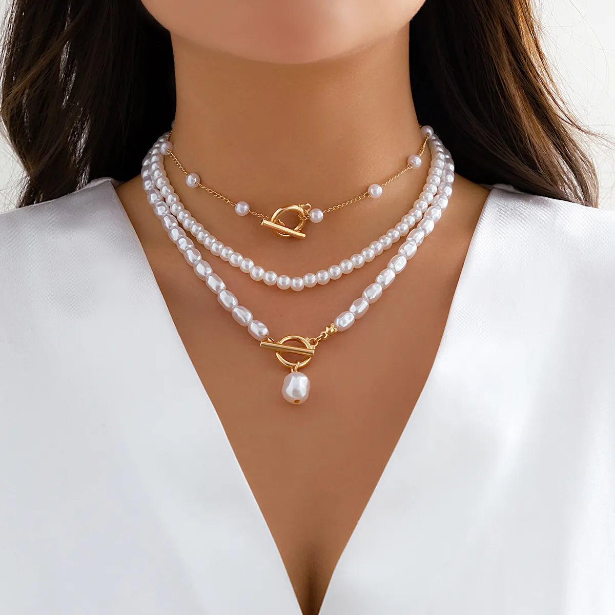 Layered Pearl Necklace Set for Women – Adjustable Lengths, Elegant Beaded Design, Stainless Steel Accents