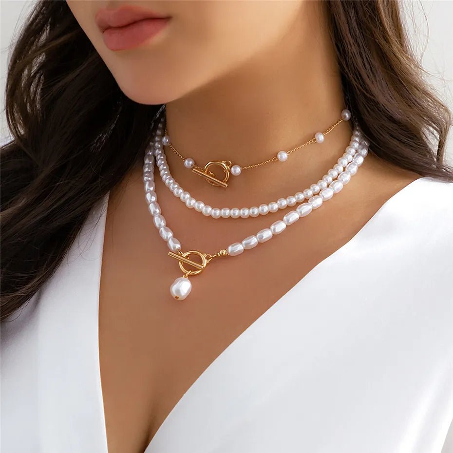 Layered Pearl Necklace Set for Women – Adjustable Lengths, Elegant Beaded Design, Stainless Steel Accents