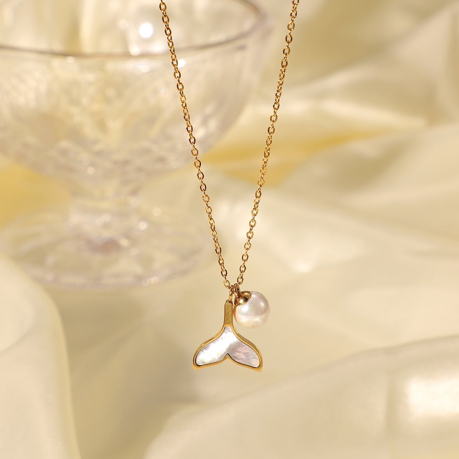 Mermaid Tail Pendant Freshwater Pearl Necklace with Gold Chain – Hypoallergenic and Water Resistant