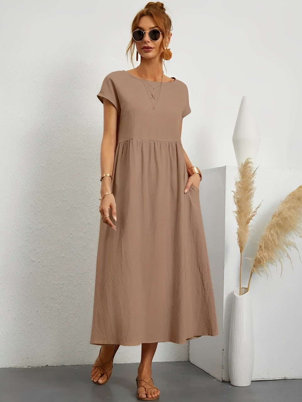 Women's Summer Dress Beige Lightweight Cotton