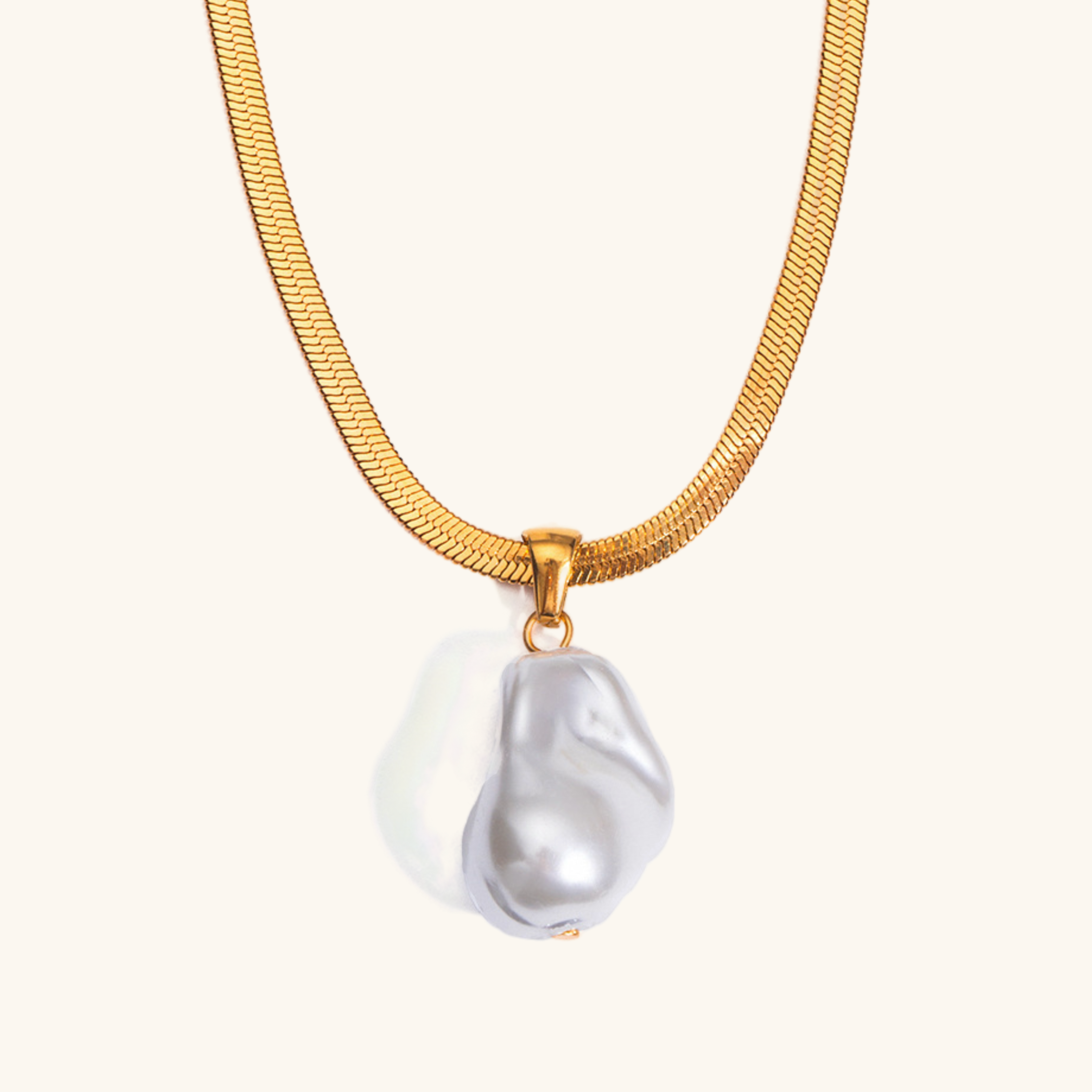 Modern Herringbone Pearl Necklace with 18k Gold Plating – Waterproof and Hypoallergenic