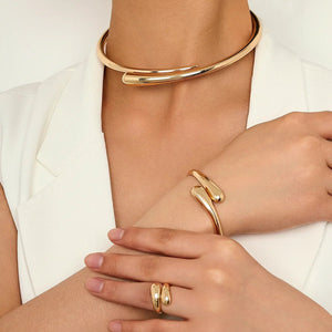 Modern Wrap Choker Necklace, Bracelet, and Ring Set in Gold and Silver – Elegant Jewelry Collection