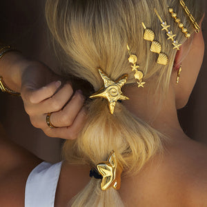 Mykonos Gold French Hair Pin with Starfish and Seashell Design – Hypoallergenic and Waterproof
