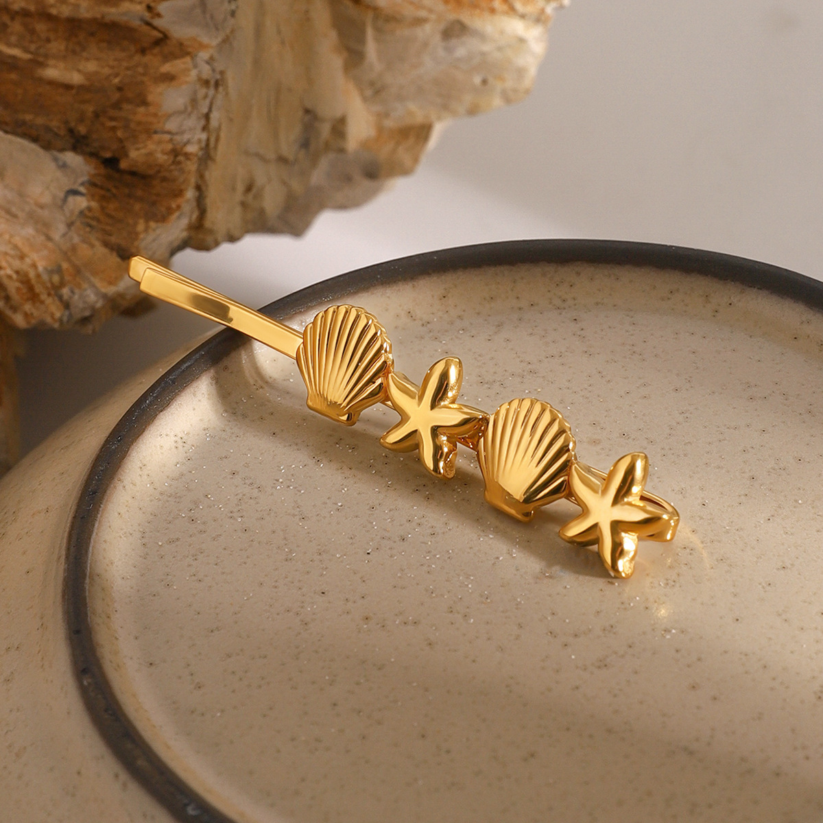 Mykonos Gold French Hair Pin with Starfish and Seashell Design – Hypoallergenic and Waterproof