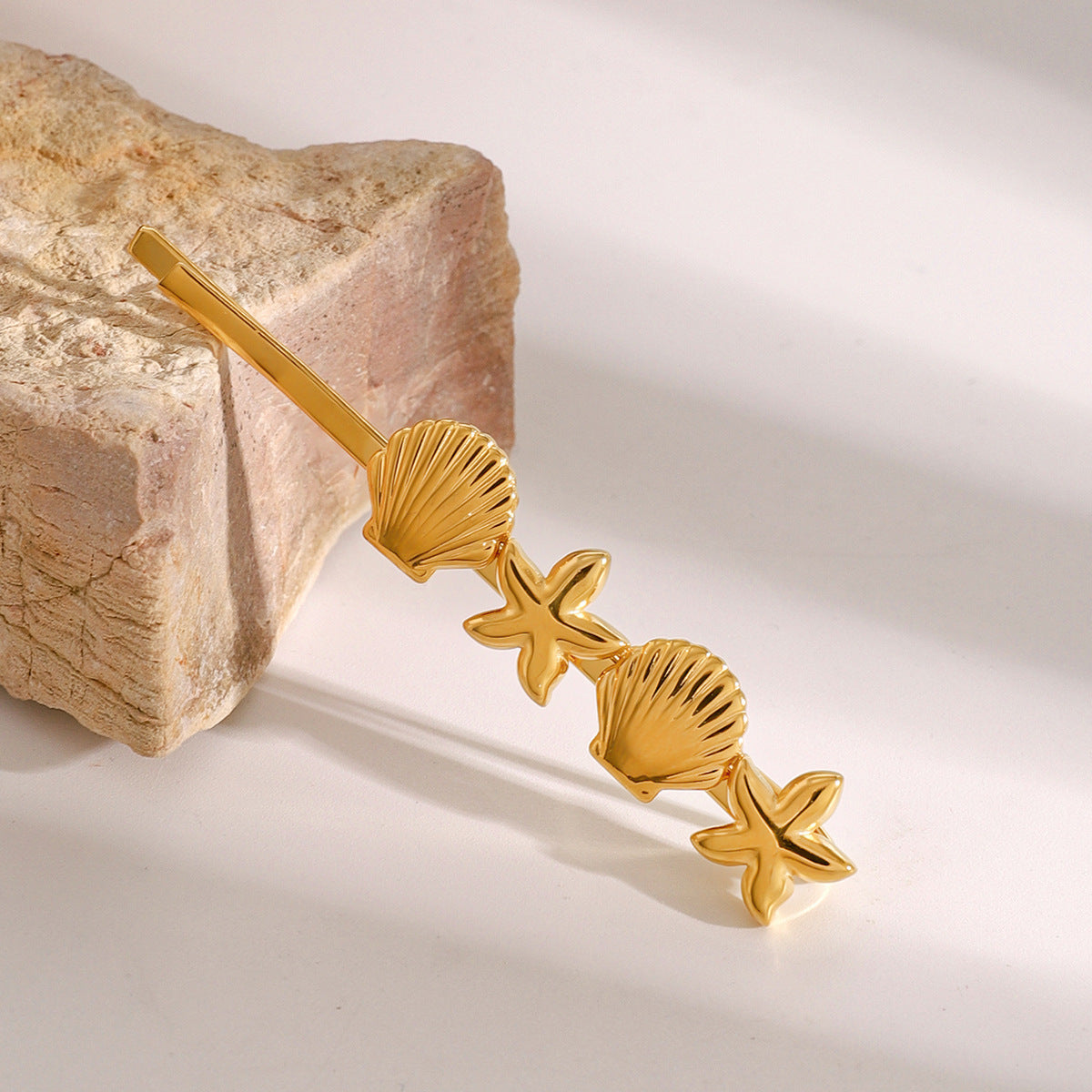 Mykonos Gold French Hair Pin with Starfish and Seashell Design – Hypoallergenic and Waterproof