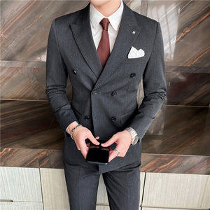 Suit suit 2021 spring new men's business fashion solid color double buckle suit three-piece set four seasons dress