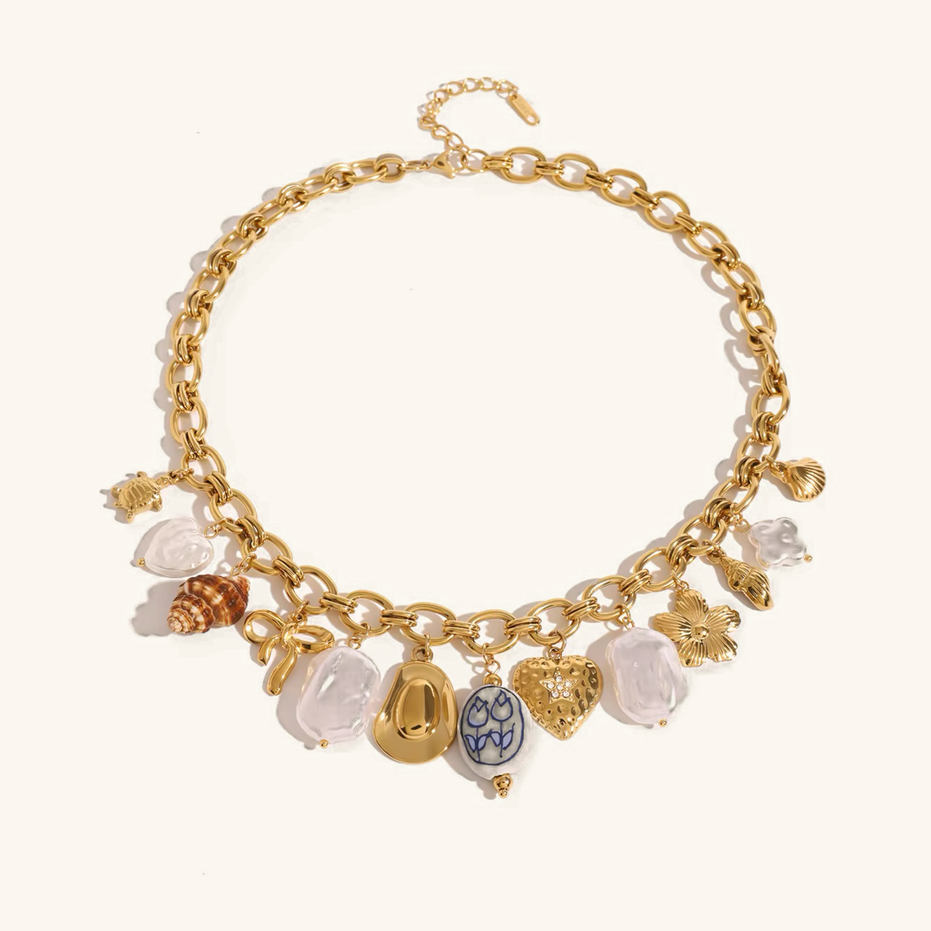 Ocean-Inspired Gold Chain Necklace with Freshwater Pearls and Seashell Charms - Waterproof and Hypoallergenic