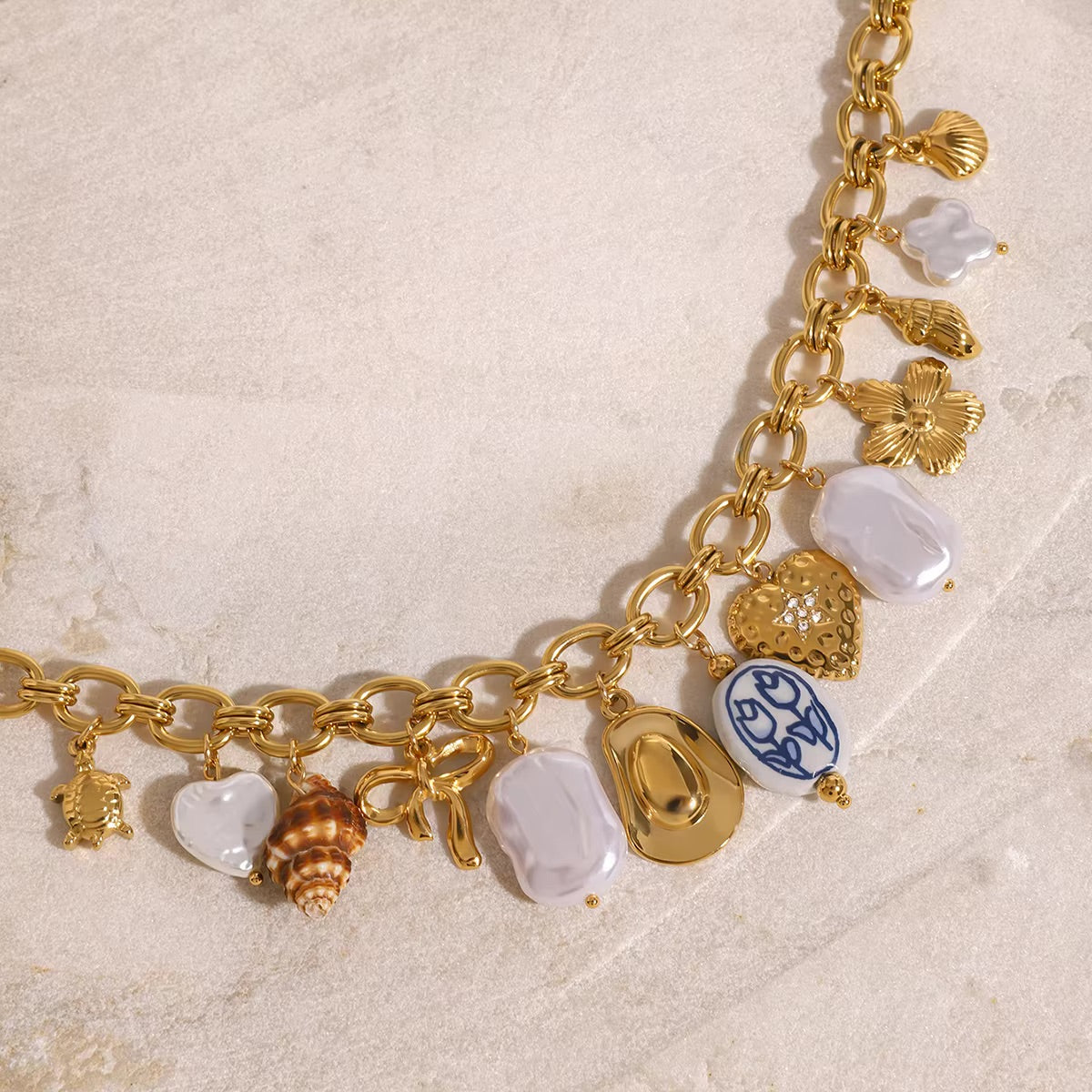 Ocean-Inspired Gold Chain Necklace with Freshwater Pearls and Seashell Charms - Waterproof and Hypoallergenic