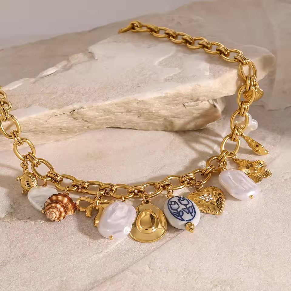 Ocean-Inspired Gold Chain Necklace with Freshwater Pearls and Seashell Charms - Waterproof and Hypoallergenic
