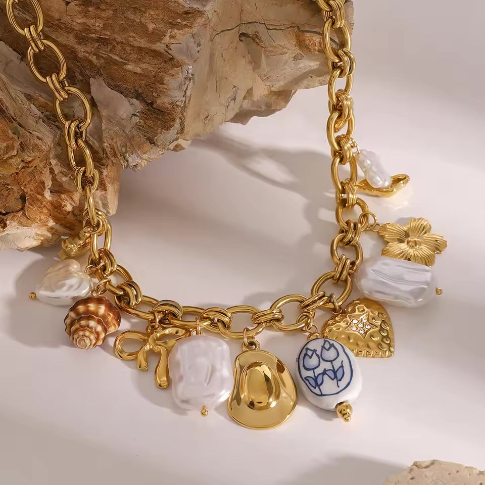 Ocean-Inspired Gold Chain Necklace with Freshwater Pearls and Seashell Charms - Waterproof and Hypoallergenic