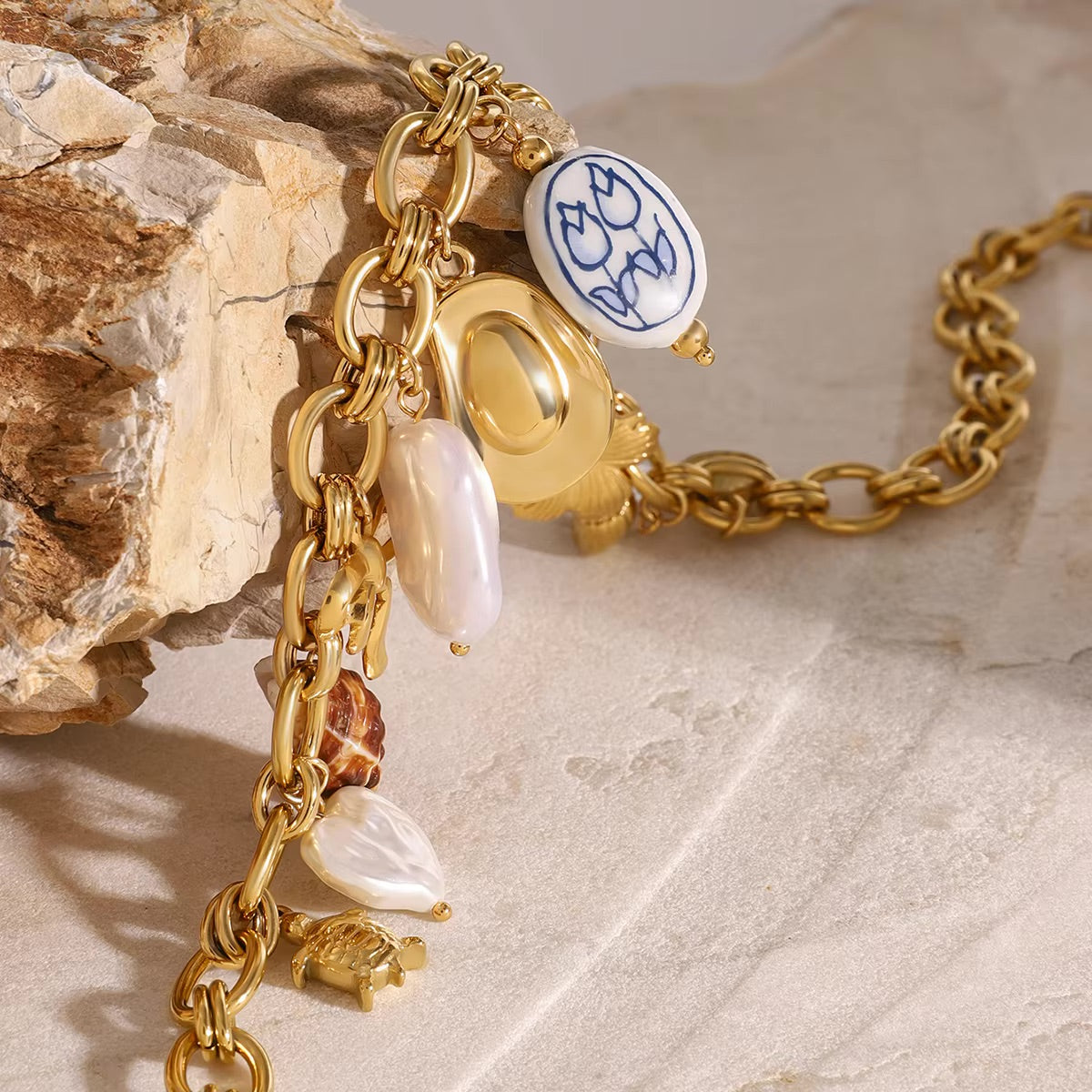 Ocean-Inspired Gold Chain Necklace with Freshwater Pearls and Seashell Charms - Waterproof and Hypoallergenic