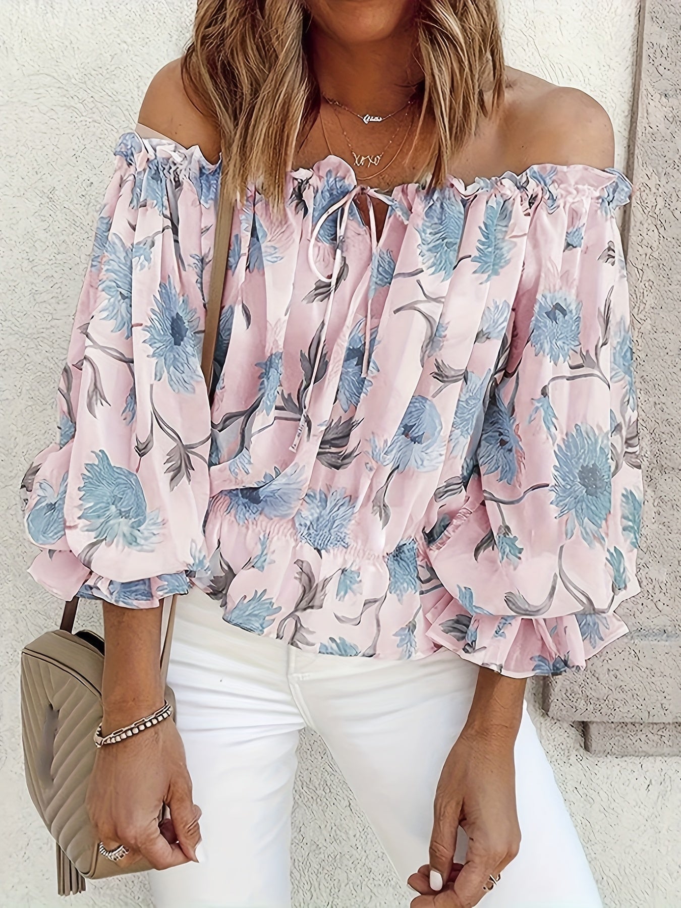 Off-Shoulder Floral Blouse for Women – Lightweight Boho Summer Top with Balloon Sleeves and Smocked Waist