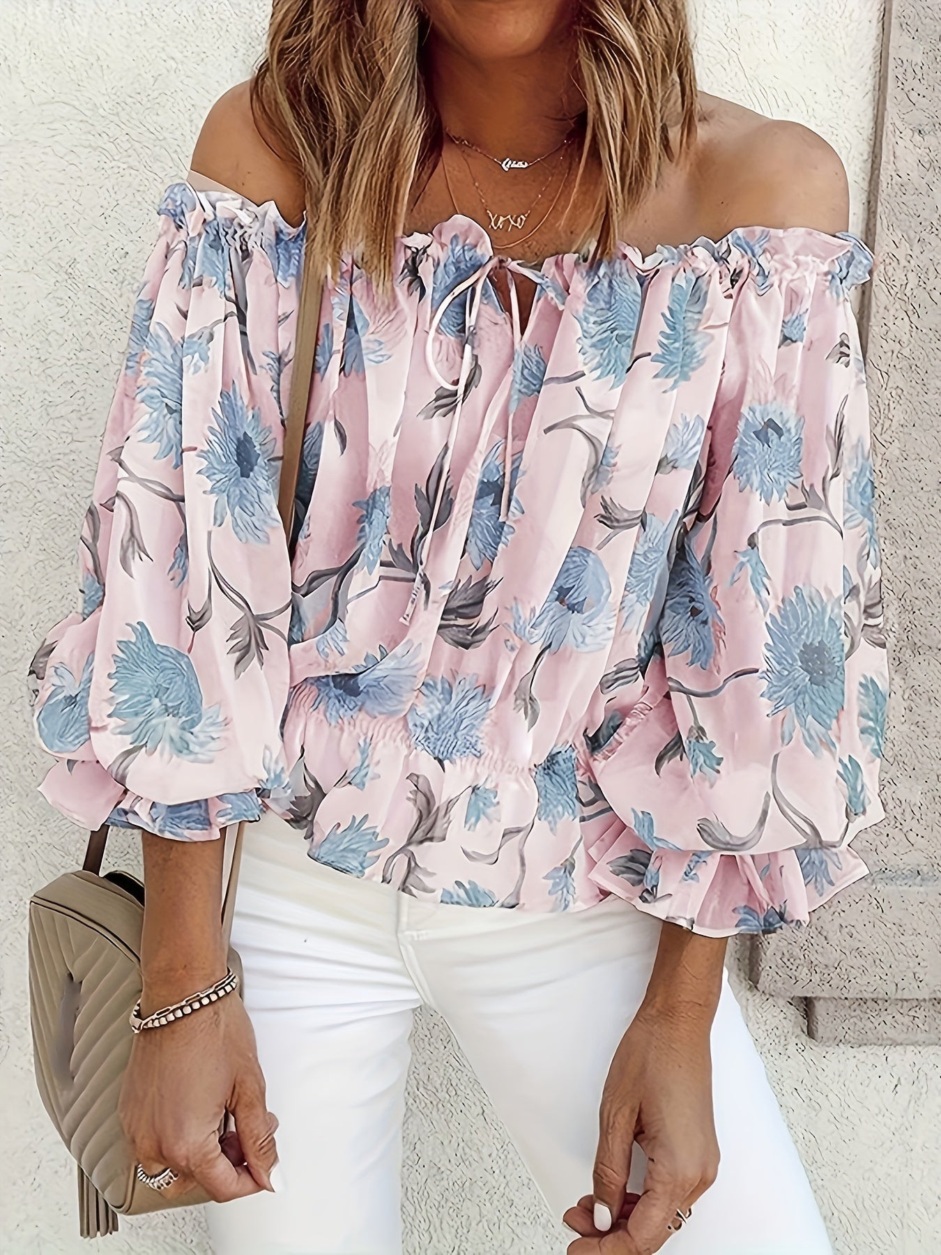 Off-Shoulder Floral Blouse for Women – Lightweight Boho Summer Top with Balloon Sleeves and Smocked Waist
