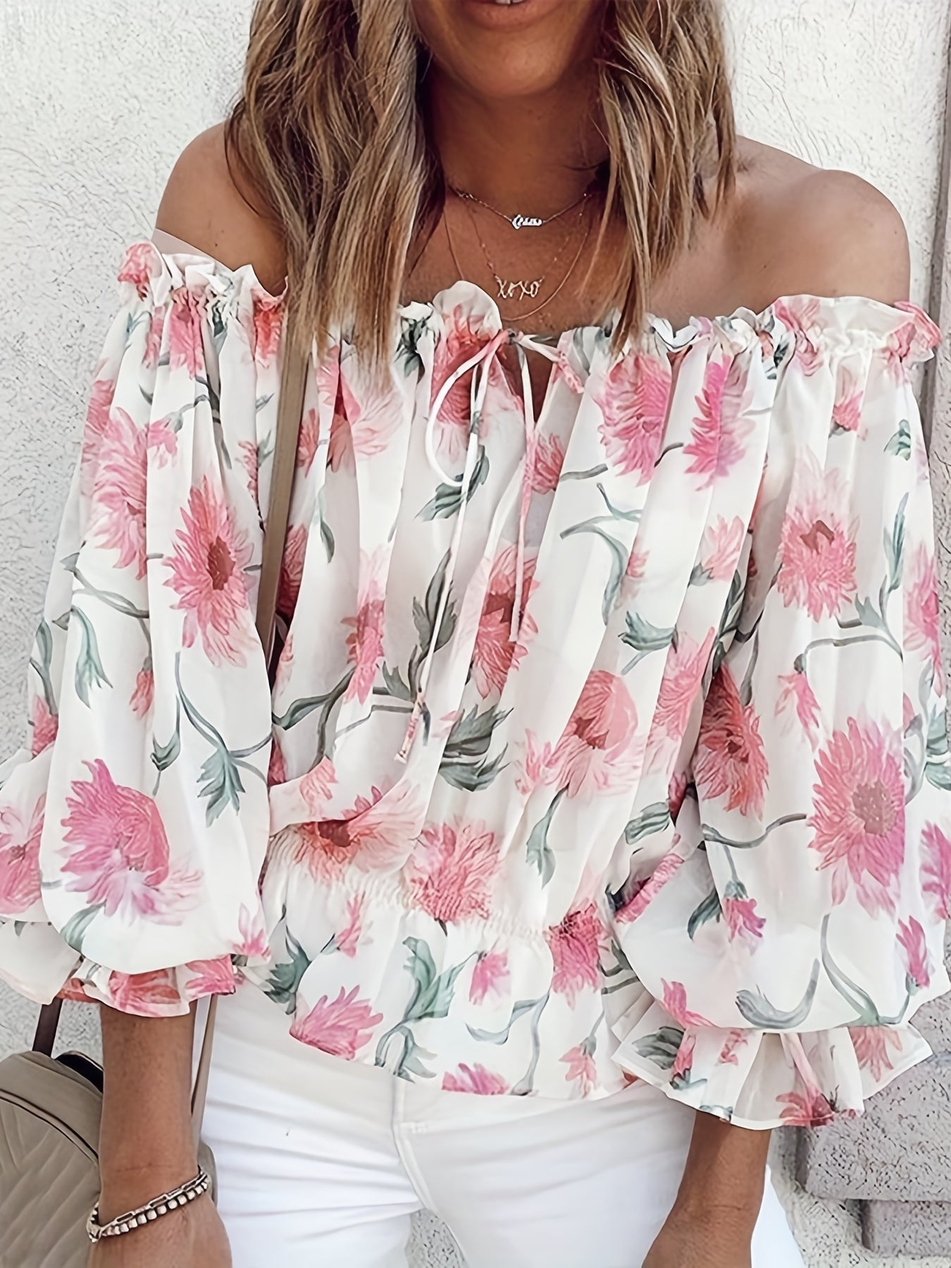 Off-Shoulder Floral Blouse for Women – Lightweight Boho Summer Top with Balloon Sleeves and Smocked Waist
