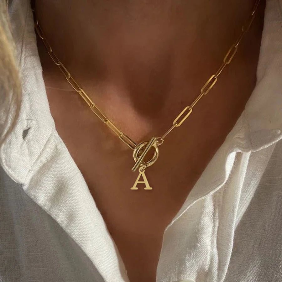 Paperclip Chain Initial Necklace with Circle Lock Clasp – Personalized Jewelry for Women, 45cm