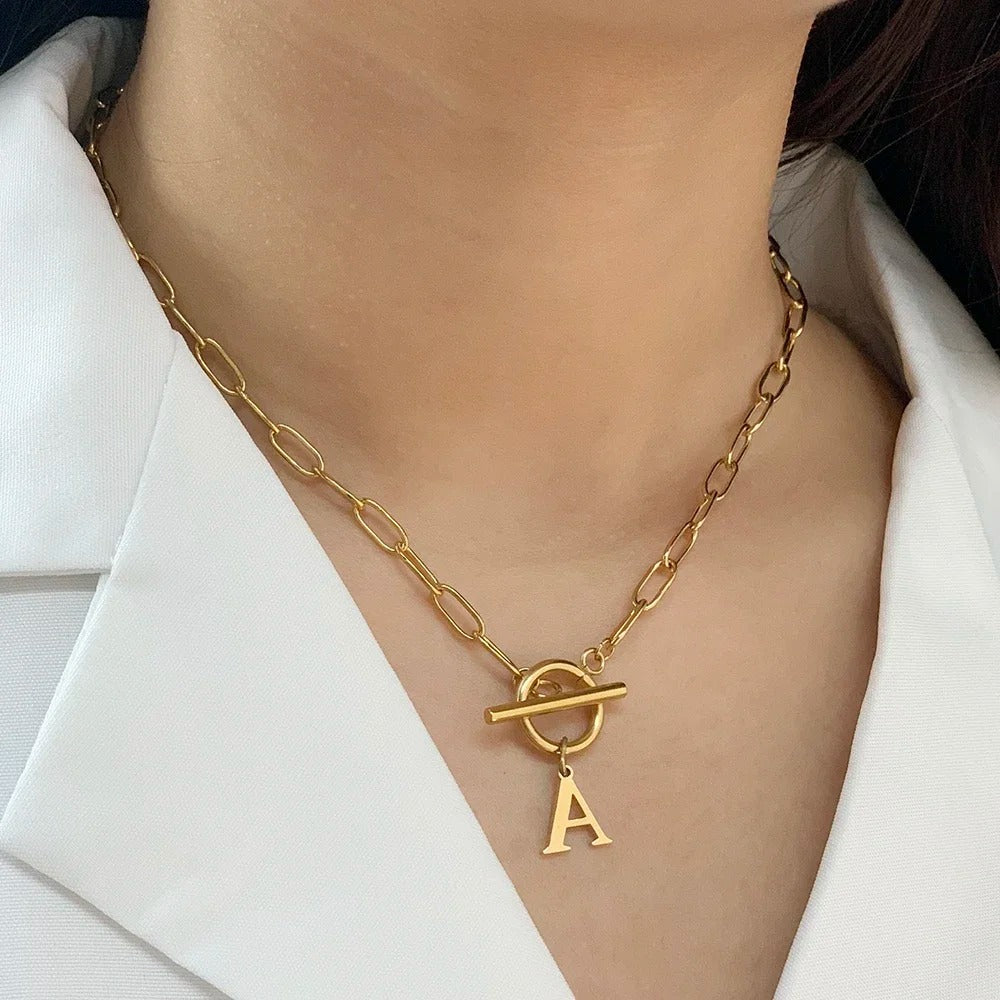 Paperclip Chain Initial Necklace with Circle Lock Clasp – Personalized Jewelry for Women, 45cm