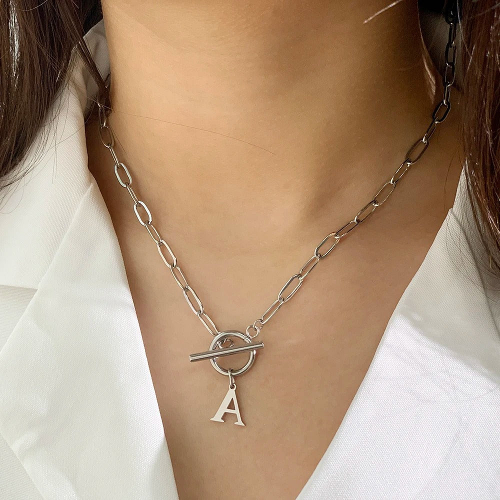 Paperclip Chain Initial Necklace with Circle Lock Clasp – Personalized Jewelry for Women, 45cm