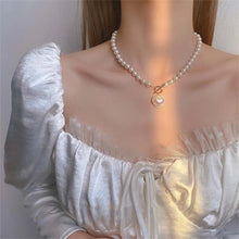 Load image into Gallery viewer, Pearl Heart Clasp Choker Necklace for Women – Elegant Faux Pearl Jewelry with Rhinestone Accents
