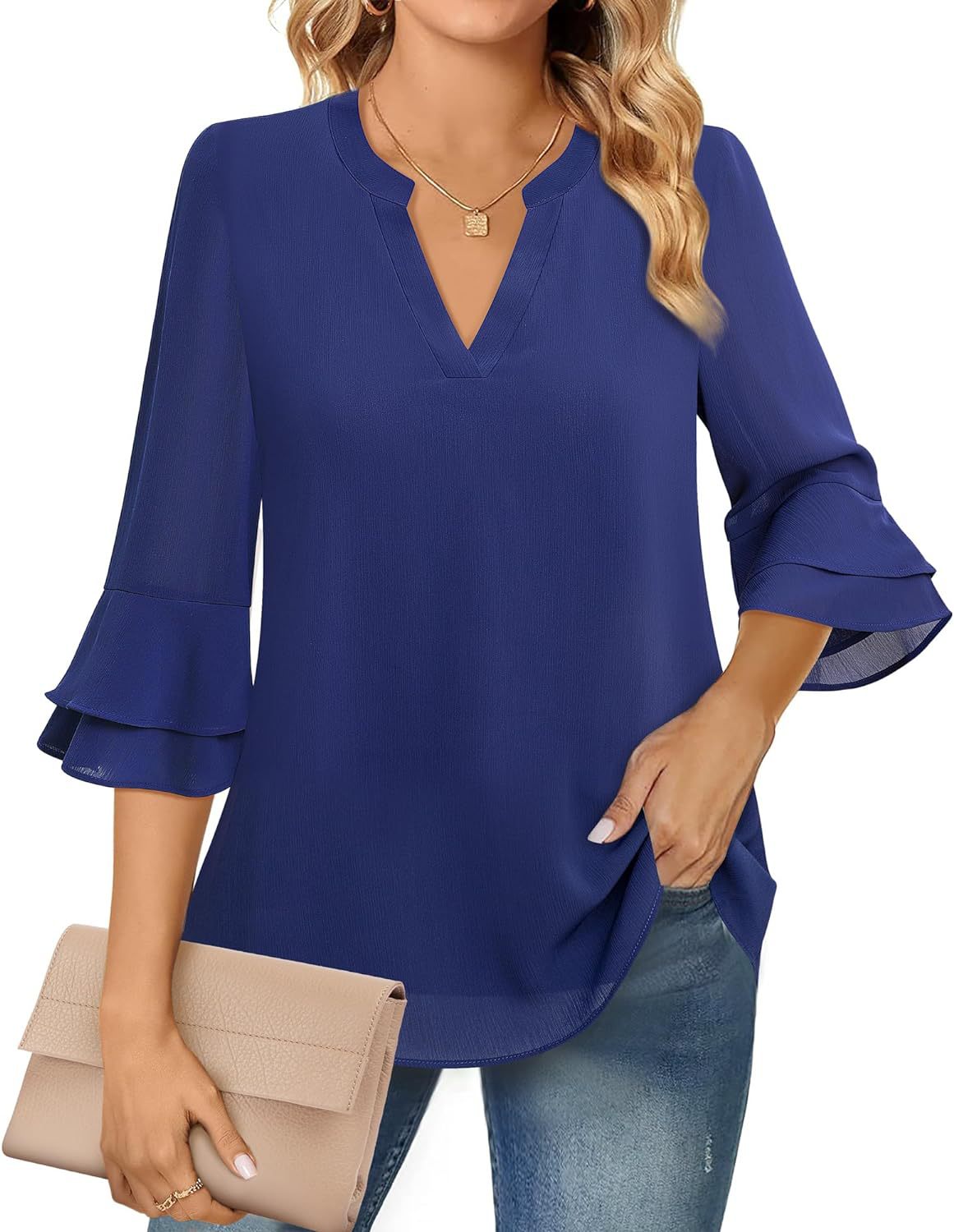 Ruffle Sleeve Blouse with V-Neckline for Women – Lightweight Polyester Blend for Casual and Office Wear