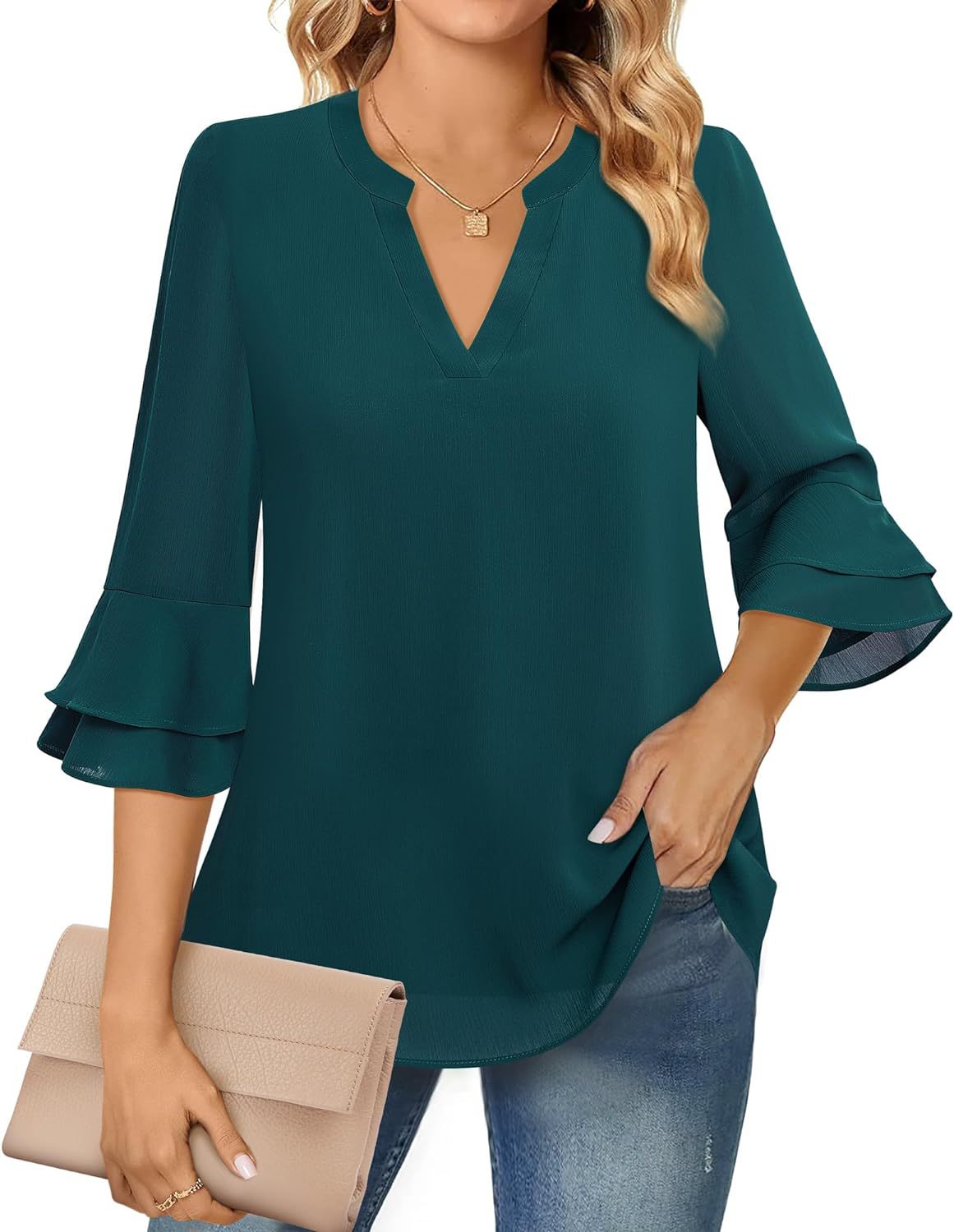 Ruffle Sleeve Blouse with V-Neckline for Women – Lightweight Polyester Blend for Casual and Office Wear