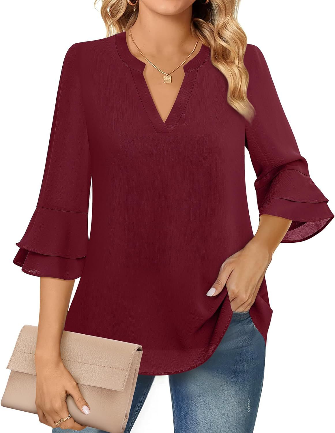 Ruffle Sleeve Blouse with V-Neckline for Women – Lightweight Polyester Blend for Casual and Office Wear