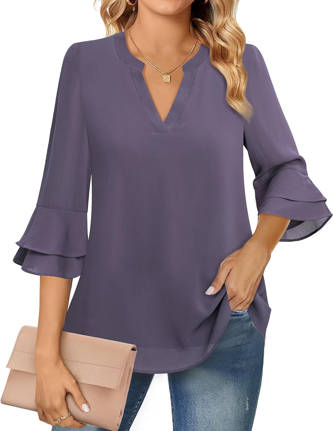 Ruffle Sleeve Blouse with V-Neckline for Women – Lightweight Polyester Blend for Casual and Office Wear