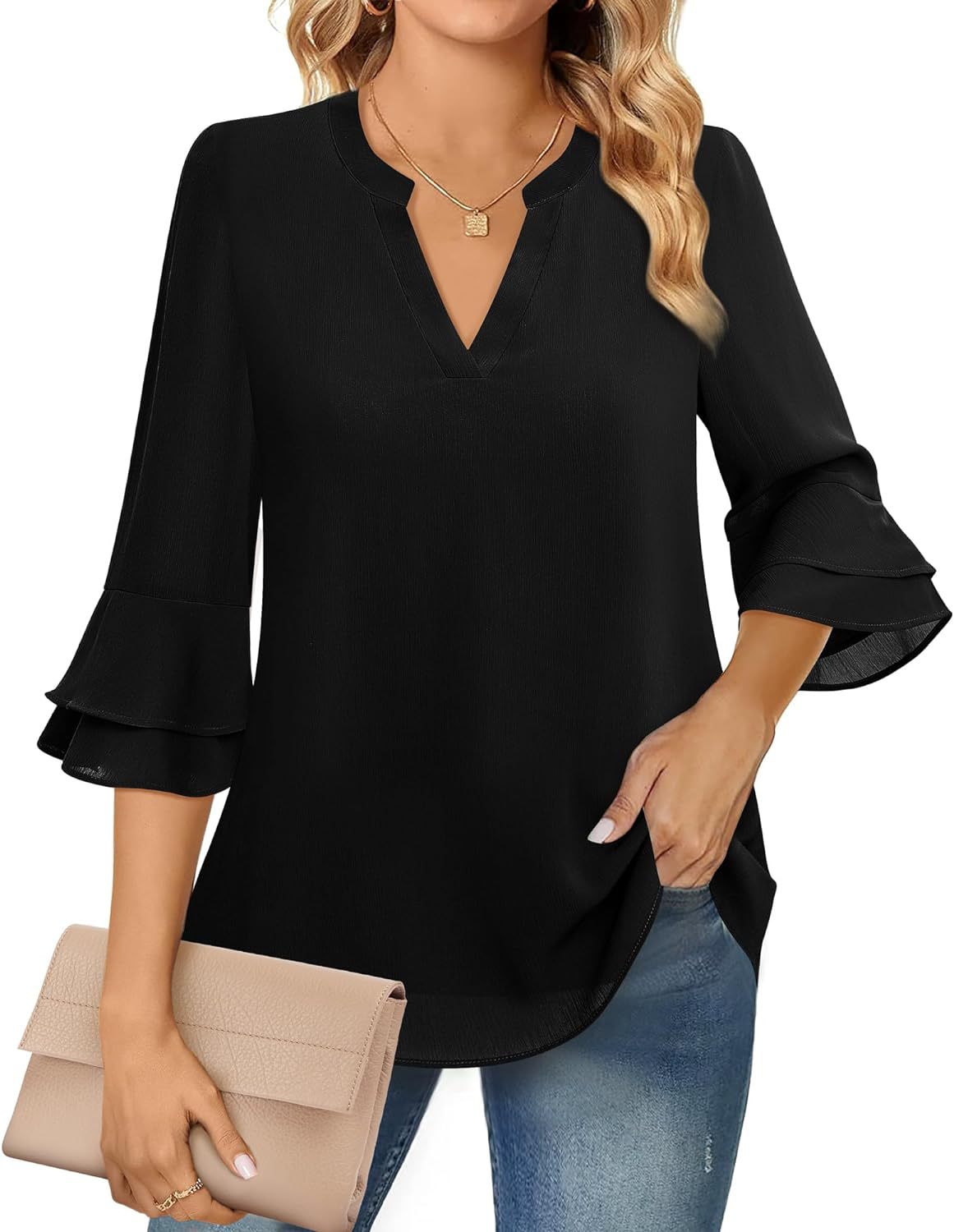 Ruffle Sleeve Blouse with V-Neckline for Women – Lightweight Polyester Blend for Casual and Office Wear