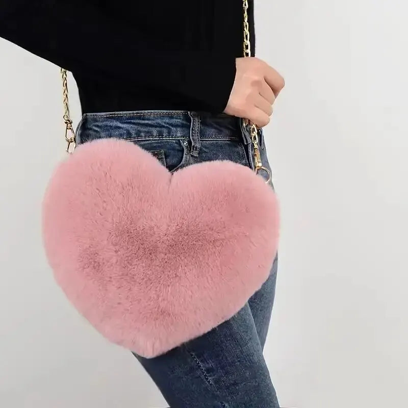Women's Crossbody Bag Pink One Size Plush Heart-Shaped Fashion Accessory
