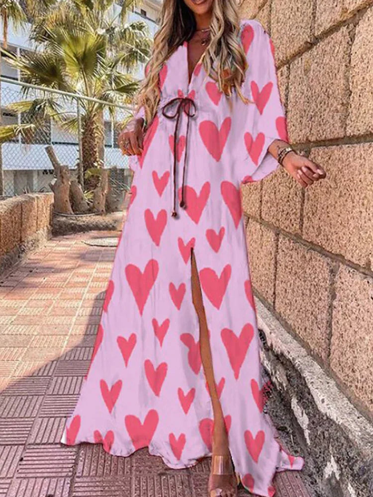 Women's Elegant Flowy Fit V-Neck Belted Waist Abstract Print Maxi Dress