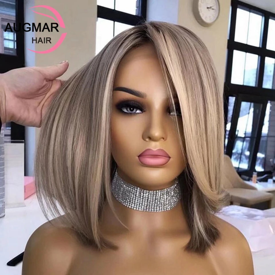 Ash Brown Bob Highlight Wig Human Hair 360 Lace Frontal Wig Pre Plucked 13x6 Short Bob Wig Lace Front Human Hair Wigs For Women