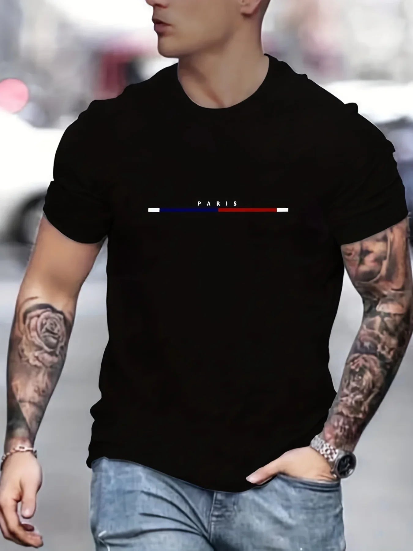 Men's 100% Cotton Paris Short Sleeve T-shirt Top Loose Tshirt 69857