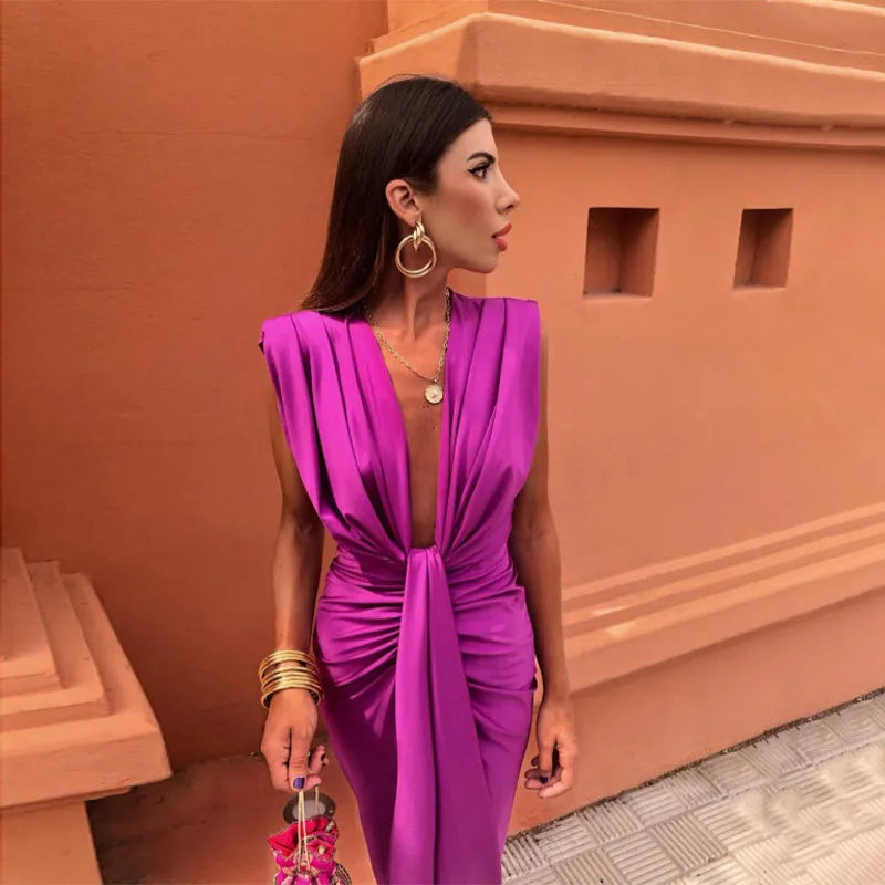 Women's Evening Gown Black Satin Deep V-Neck High Slit