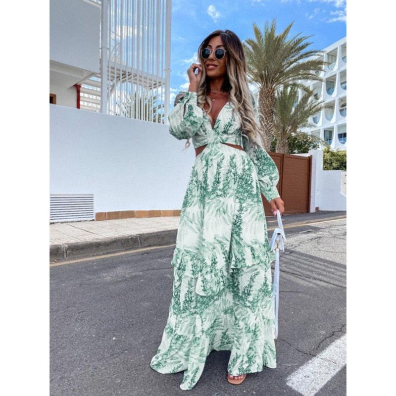 Women’s Flowy Fit V-Neck Waist Cut-Out Long Puff Sleeve Maxi Dress