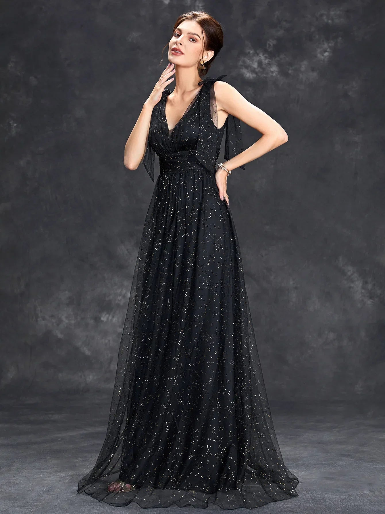 Women's Evening Gown Black Sheer Glitter A-Line