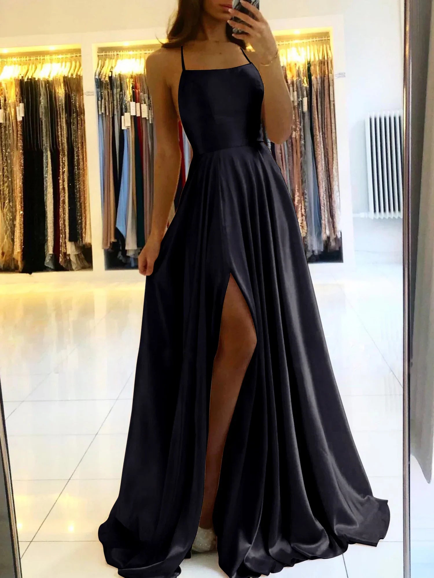 Women's Evening Gown Black Satin Spaghetti Straps High Slit