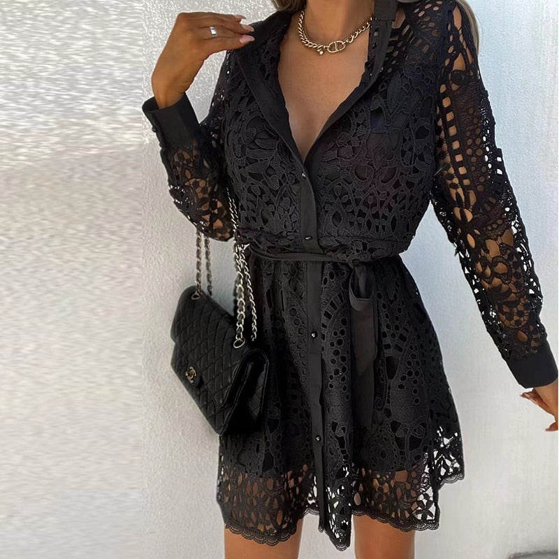 Women's Midi Dress Black Lace Elegant