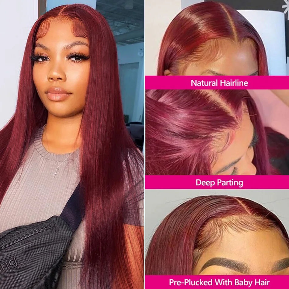 99j Burgundy Colored HD Lace Frontal Human Hair Wigs 13x4 Lace Front Human Hair Wigs Pre Pucked Lace Frontal Human Hair Wigs