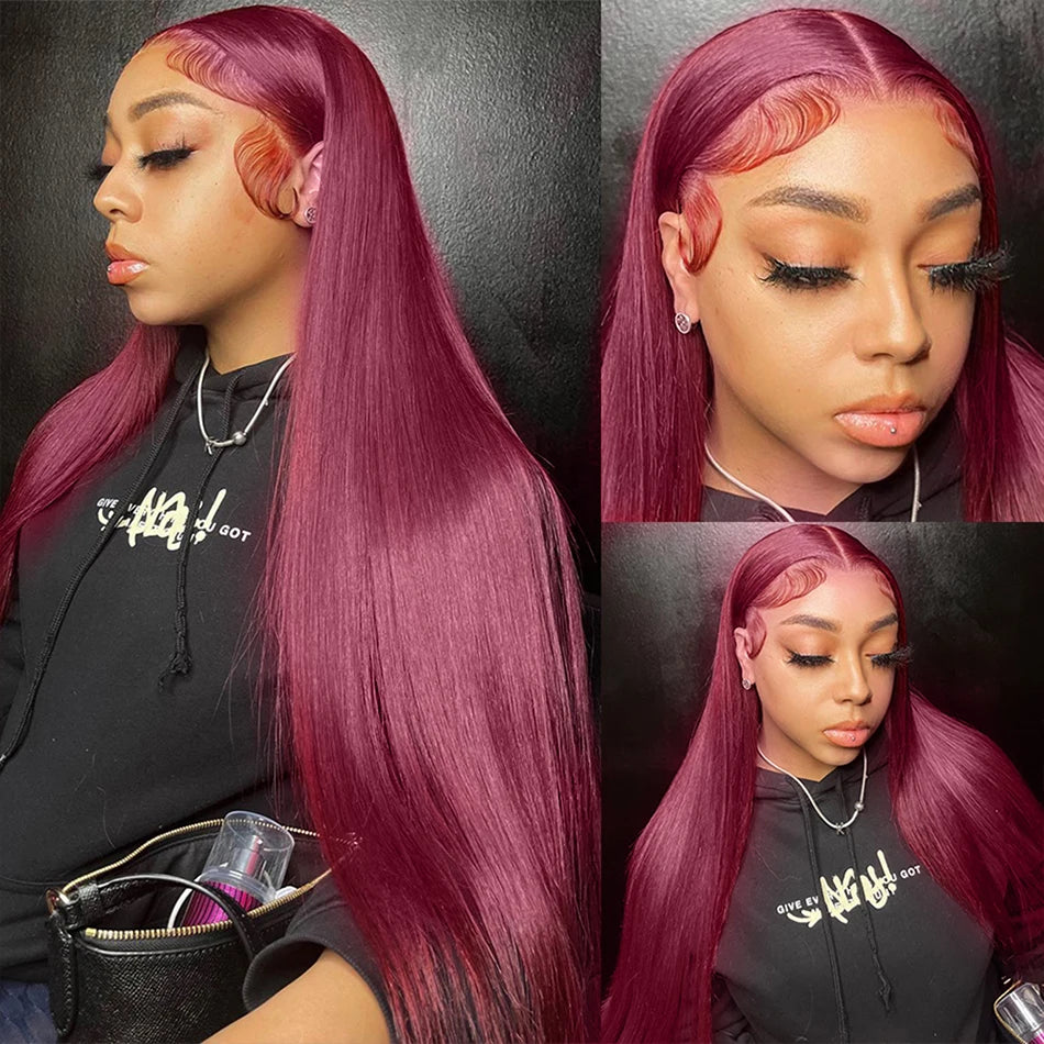 99j Burgundy Colored HD Lace Frontal Human Hair Wigs 13x4 Lace Front Human Hair Wigs Pre Pucked Lace Frontal Human Hair Wigs