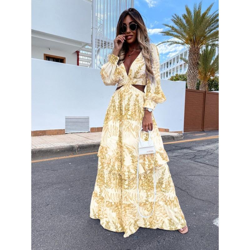Women’s Flowy Fit V-Neck Waist Cut-Out Long Puff Sleeve Maxi Dress