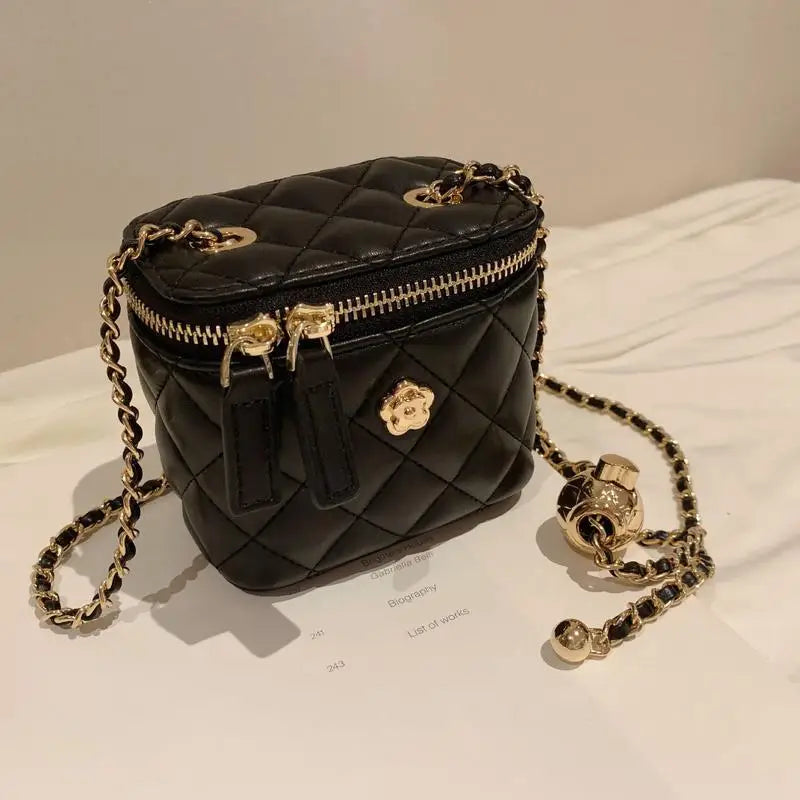 Women's Mini Black Shoulder Bag Small Faux Leather with Chain Detail