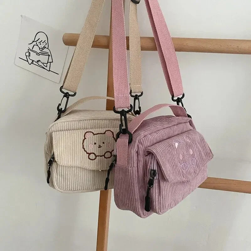 Women's Crossbody Bag Beige One Size Corduroy with Teddy Bear Embroidery