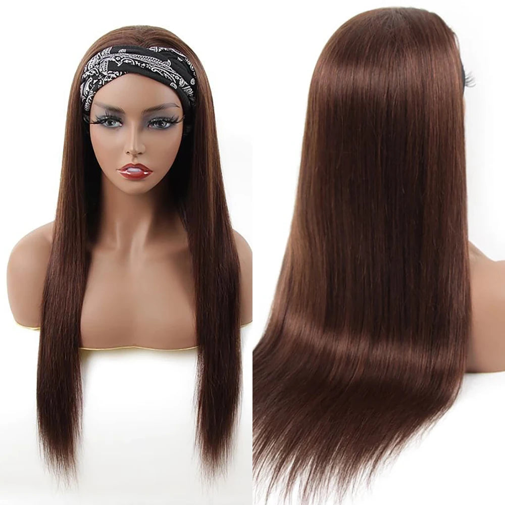 #4 Chocolate Brown Straight Headband Human Hair Wigs Fro Black Women Full Machine Made Scarf Glueless Wig Peruvian Hair 180%