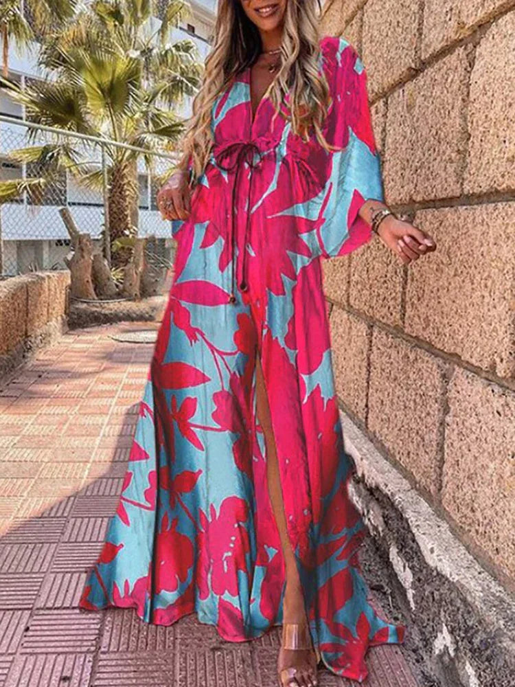 Women's Elegant Flowy Fit V-Neck Belted Waist Abstract Print Maxi Dress