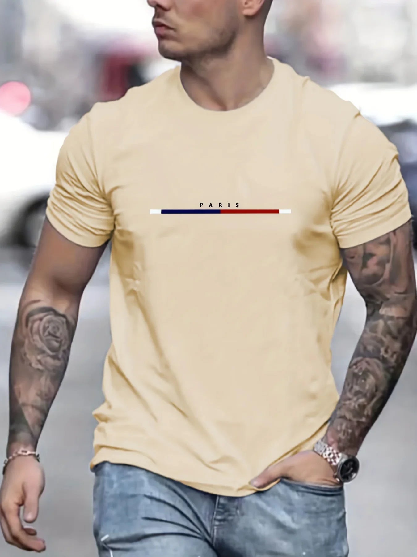 Men's 100% Cotton Paris Short Sleeve T-shirt Top Loose Tshirt 69857