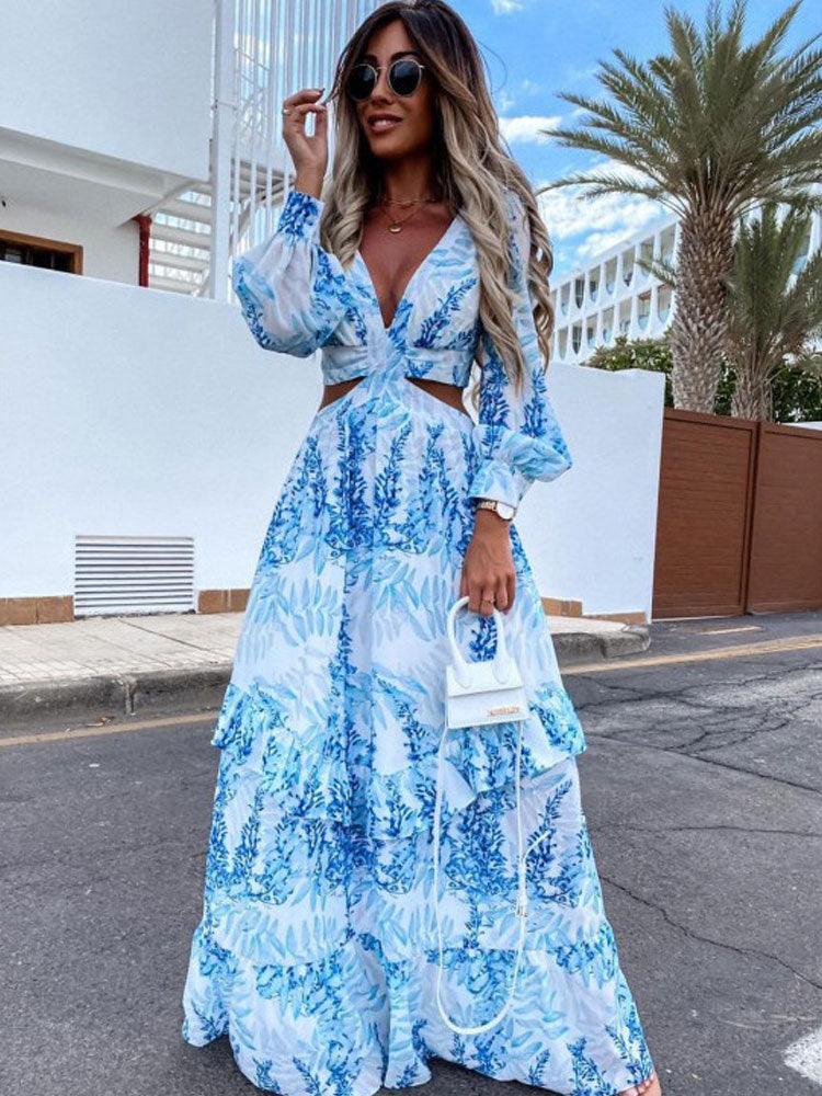 Women’s Flowy Fit V-Neck Waist Cut-Out Long Puff Sleeve Maxi Dress