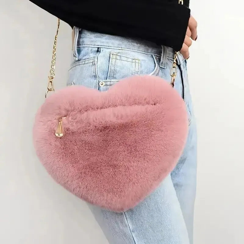 Women's Crossbody Bag Pink One Size Plush Heart-Shaped Fashion Accessory